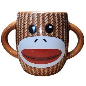 Galerie Brown Sock Monkey Double Handle & Sided Coffee Cup Mug Ceramic 14 oz.
